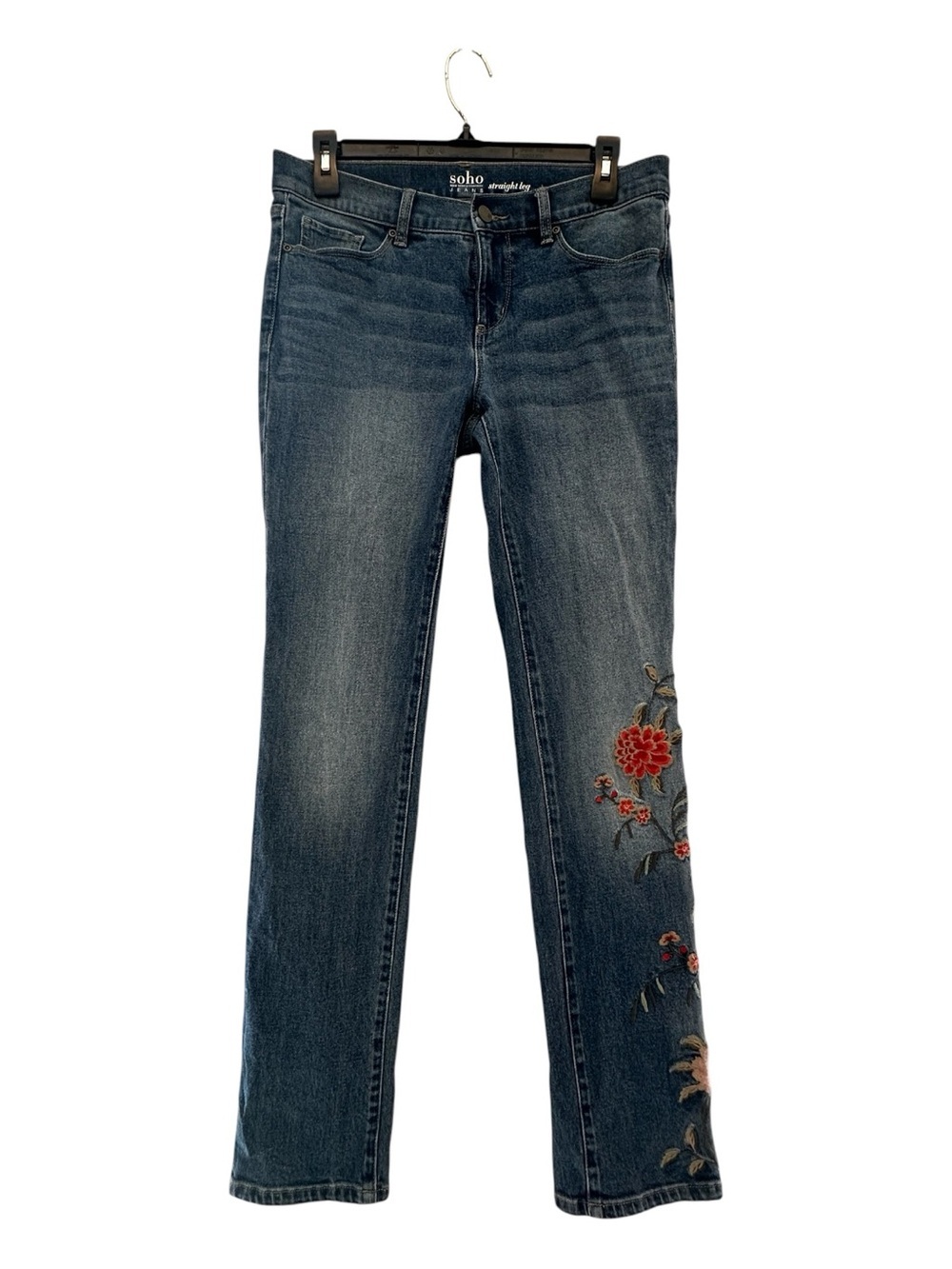 Soho Jeans Embroidered Straight-Leg Jeans in Dark Blue with Red Floral Detail 4